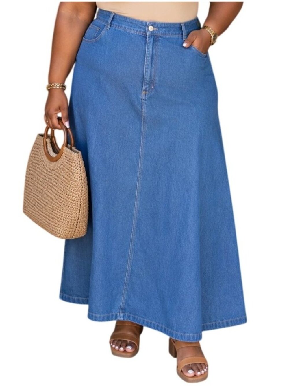 Eddie Bauer Plus Size 16 Maxi Skirt Denim Blue Back Split Cotton Long Pockets